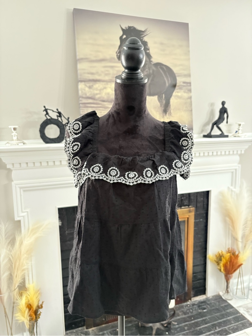 Old Navy Black Square-Neck Ruffle Dress with White Embroidery